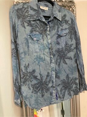 Vintage Blue Palm-Print Button-Up Shirt